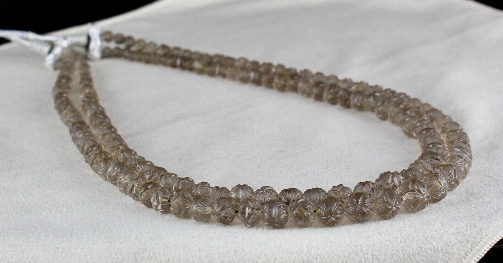 NATURAL SMOKY QUARTZ BEADS CARVED 2 LINE 345 CARATS GEMSTONE ANTIQUE NECKLACE