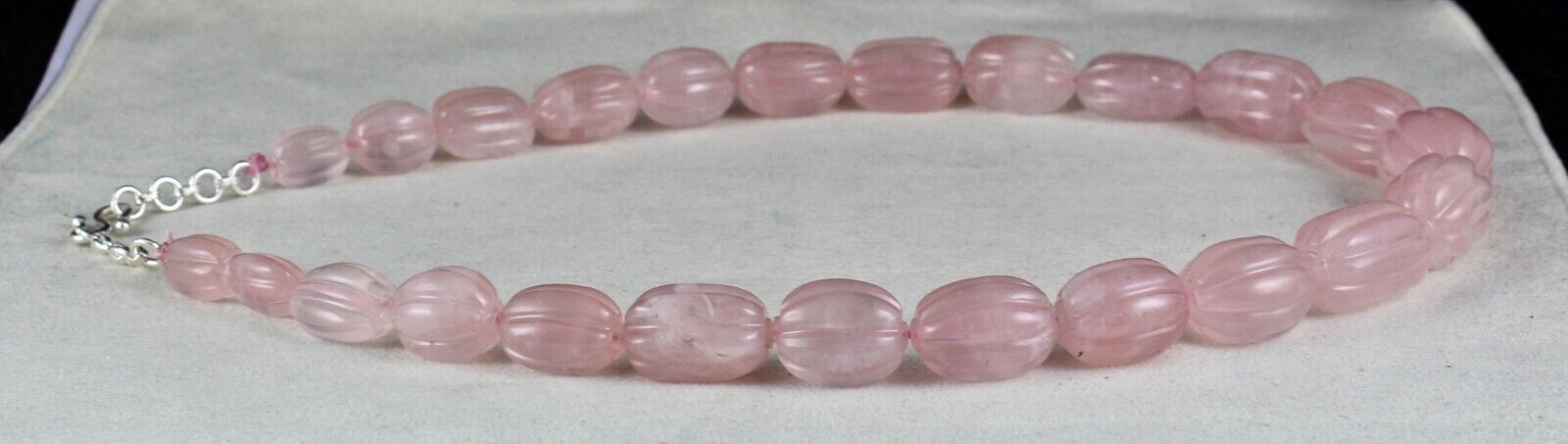 NATURAL ROSE QUARTZ MELON CARVED LONG BEADS 883 CARATS GEMSTONE SILVER NECKLACE