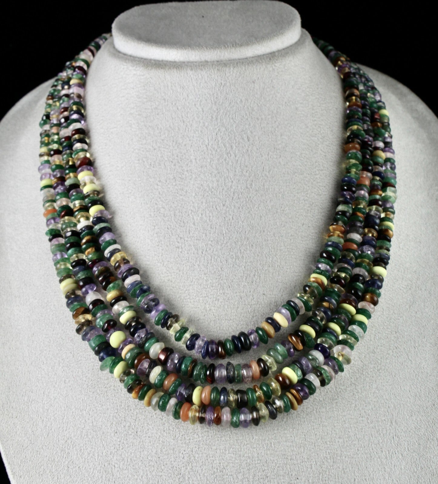 Old Multi Natural Semi Precious 660 Ct Beads Button Gemstone Necklace 4 Line