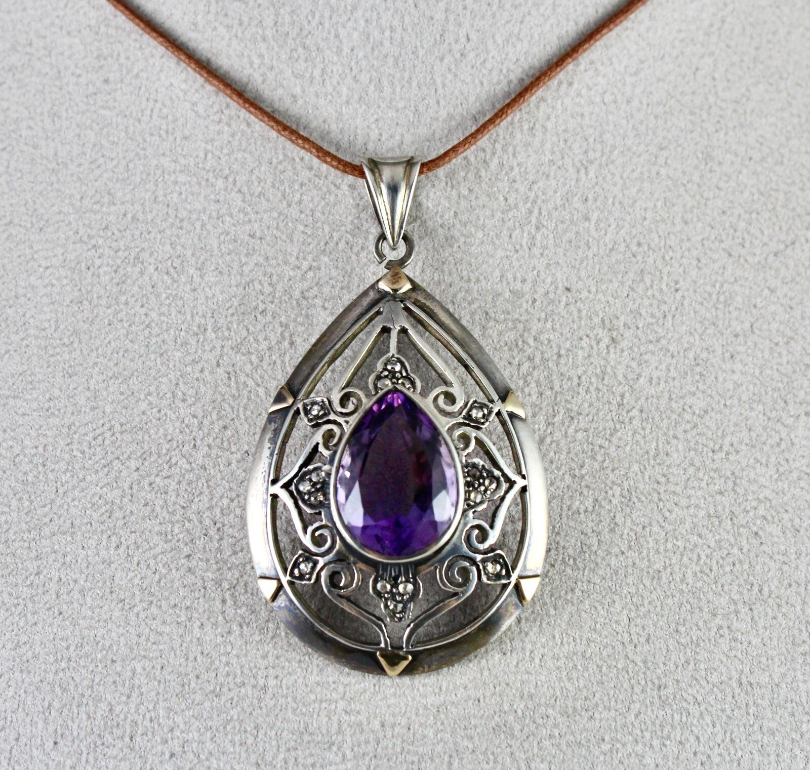 Antique Natural Amethyst 10ct Diamond Victorian Pendant Sterling Silver Gold
