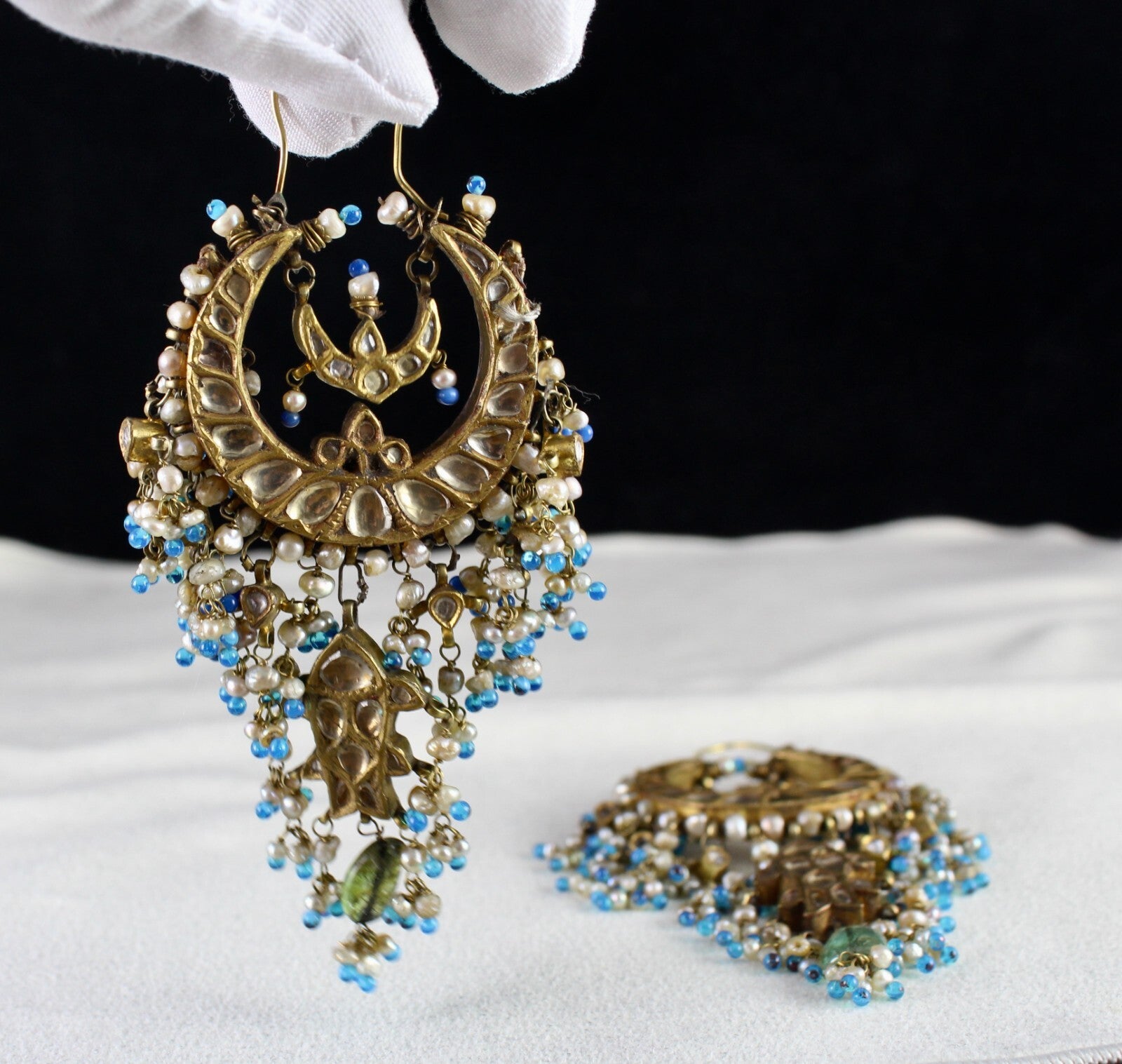 Certified Antique Jadau Chandbali Earrings 22k Gold Gemstone Pearl 10ct Dangle