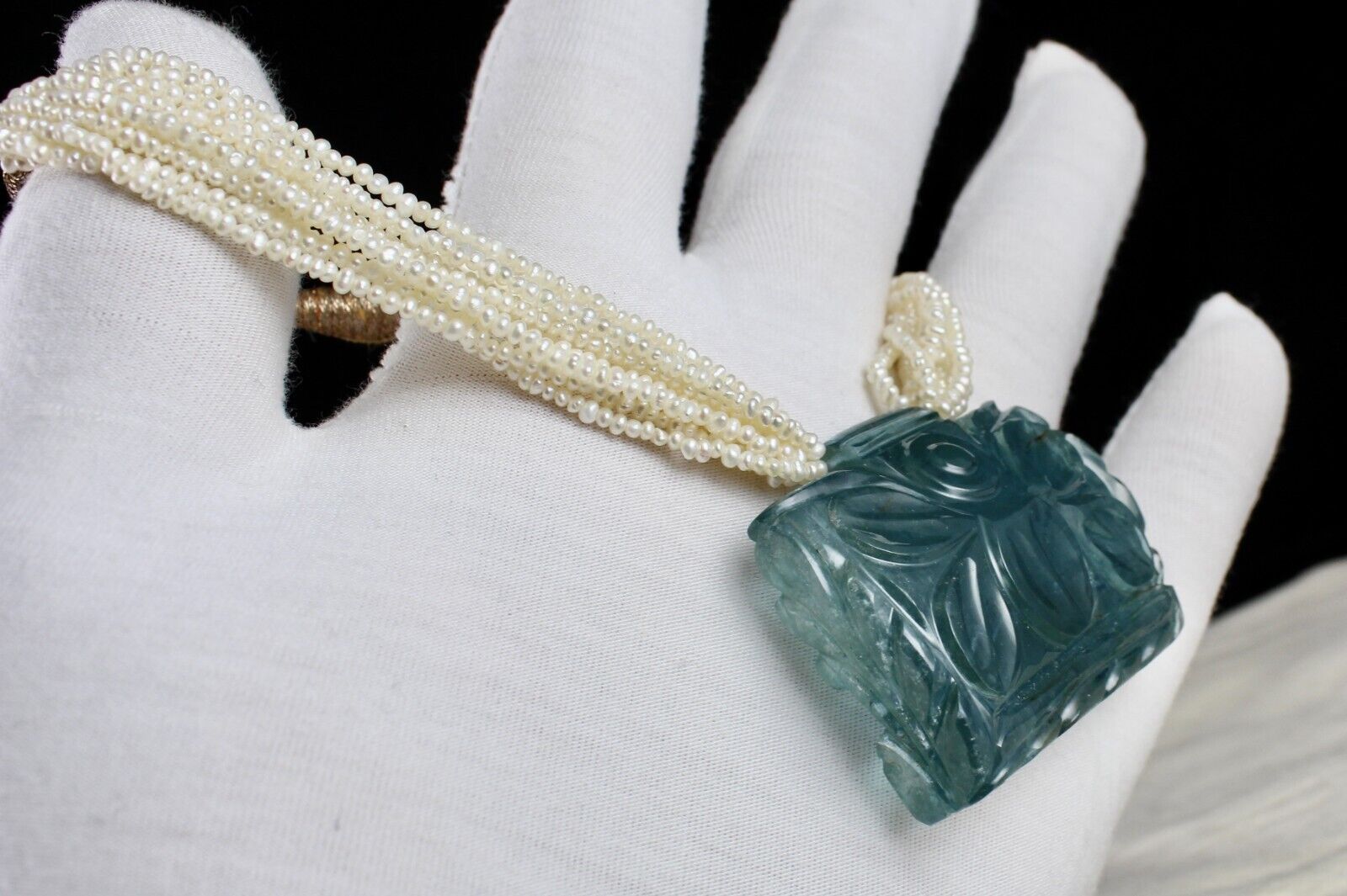 Natural Blue Aquamarine Carved 176.20 Ct Pearl Gemstone Old Antique Necklace