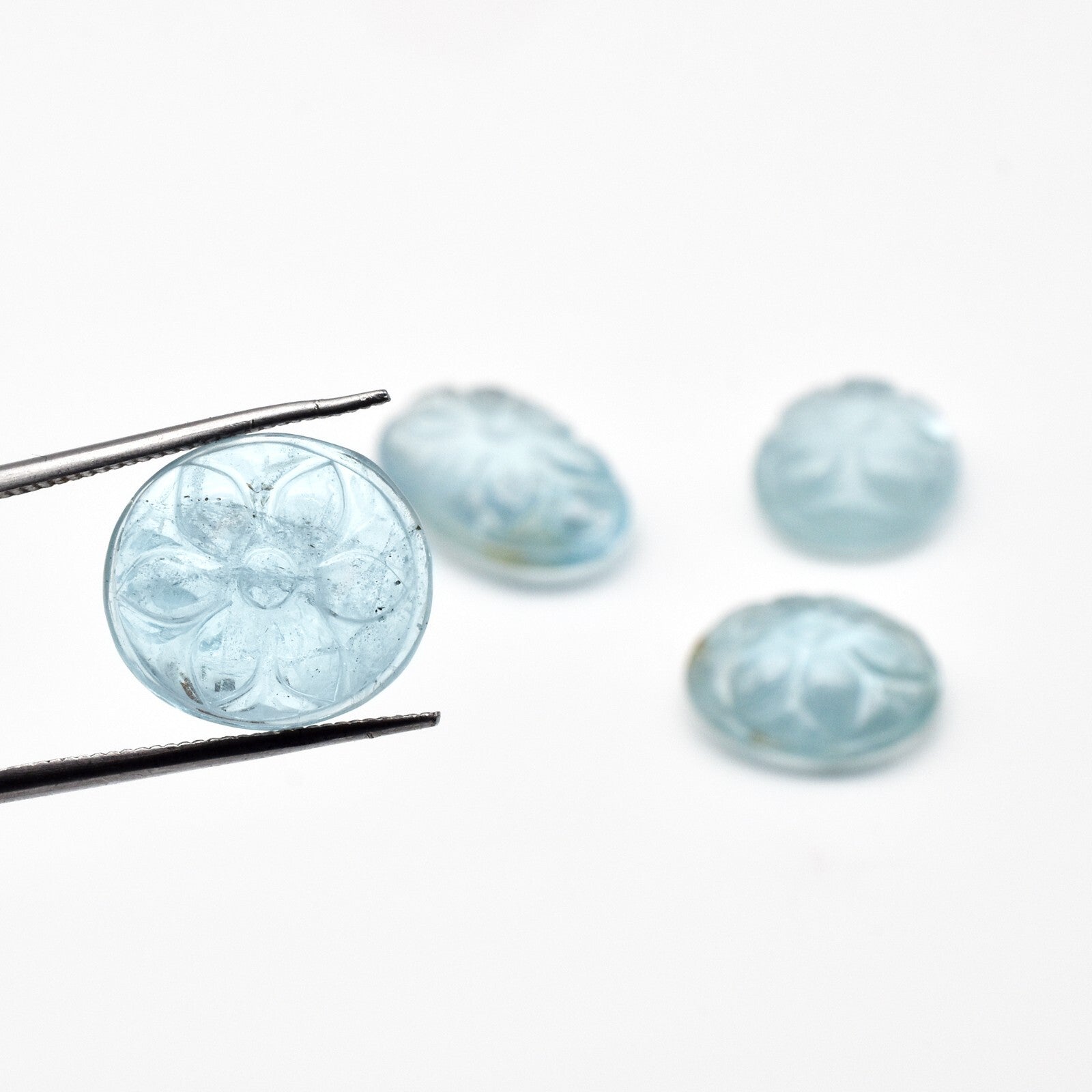 Natural Blue Aquamarine 4 Pc Carved Oval Cab Set 32.25 Ct Gemstone Ring Pendant