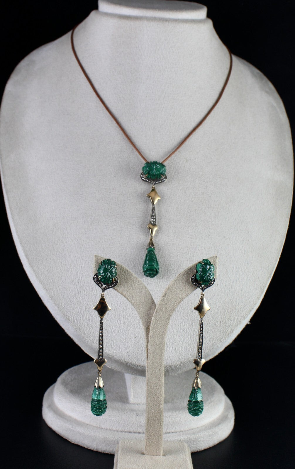 Certified Natural Malachite 10ct Diamond Sterling Silver 18k Gold Victorian Set