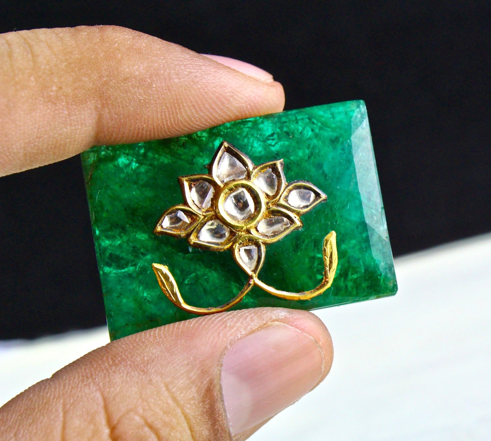 Natural Zambia Emerald Cabochon 22k Gold Natural Diamond Antique Pendant