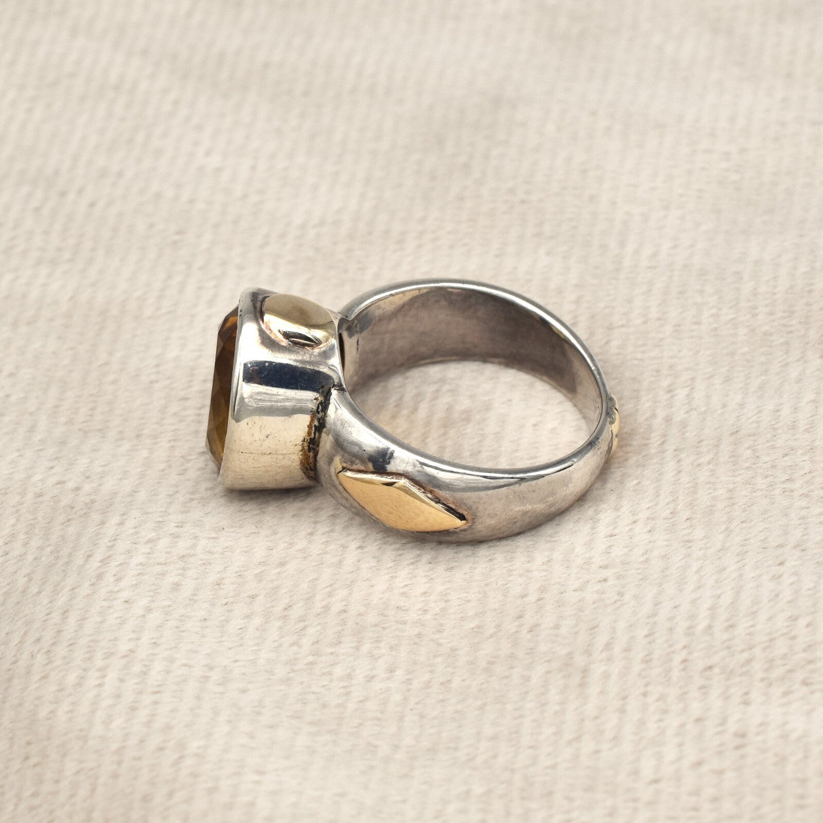 Vintage Yellow Citrine 61ct Natural Diamond 18k Gold 925 Sterling Silver Ring