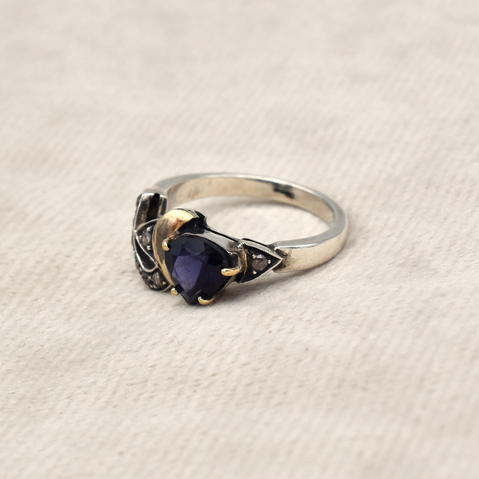 Vintage Blue Iolite 10ct Heart Cut 18k Gold Sterling Silver Victorian Ring
