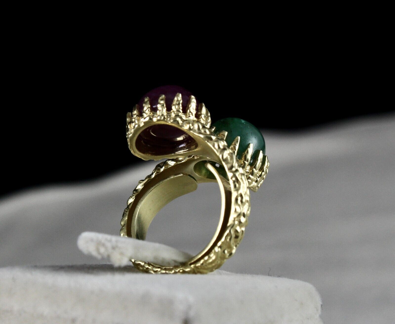 ANTIQUE NATURAL EMERALD RUBY ROUND GEMSTONE DIAMOND 925 SILVER CARVED RING