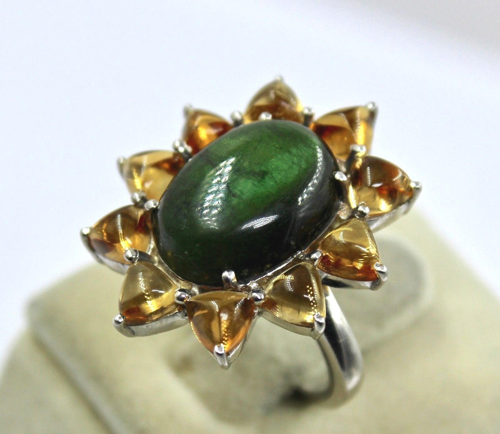 NATURAL GREEN TOURMALINE OVAL YELLOW CITRINE CABOCHON 925 STERLING SILVER RING