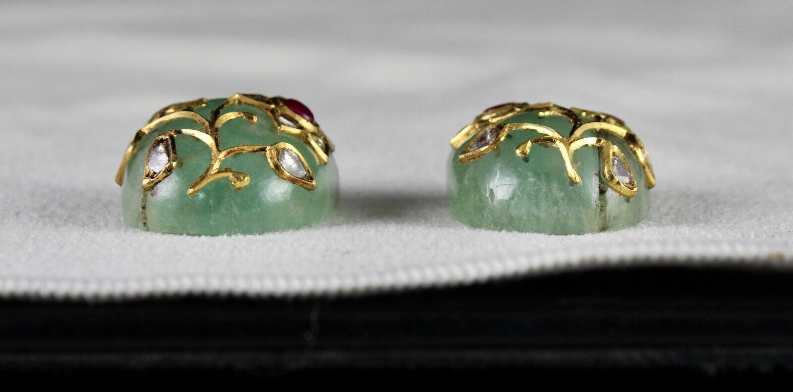 Old Natural Emerald Cabochon Gemstone Ruby Diamond 22k Gold Earring Design Stud