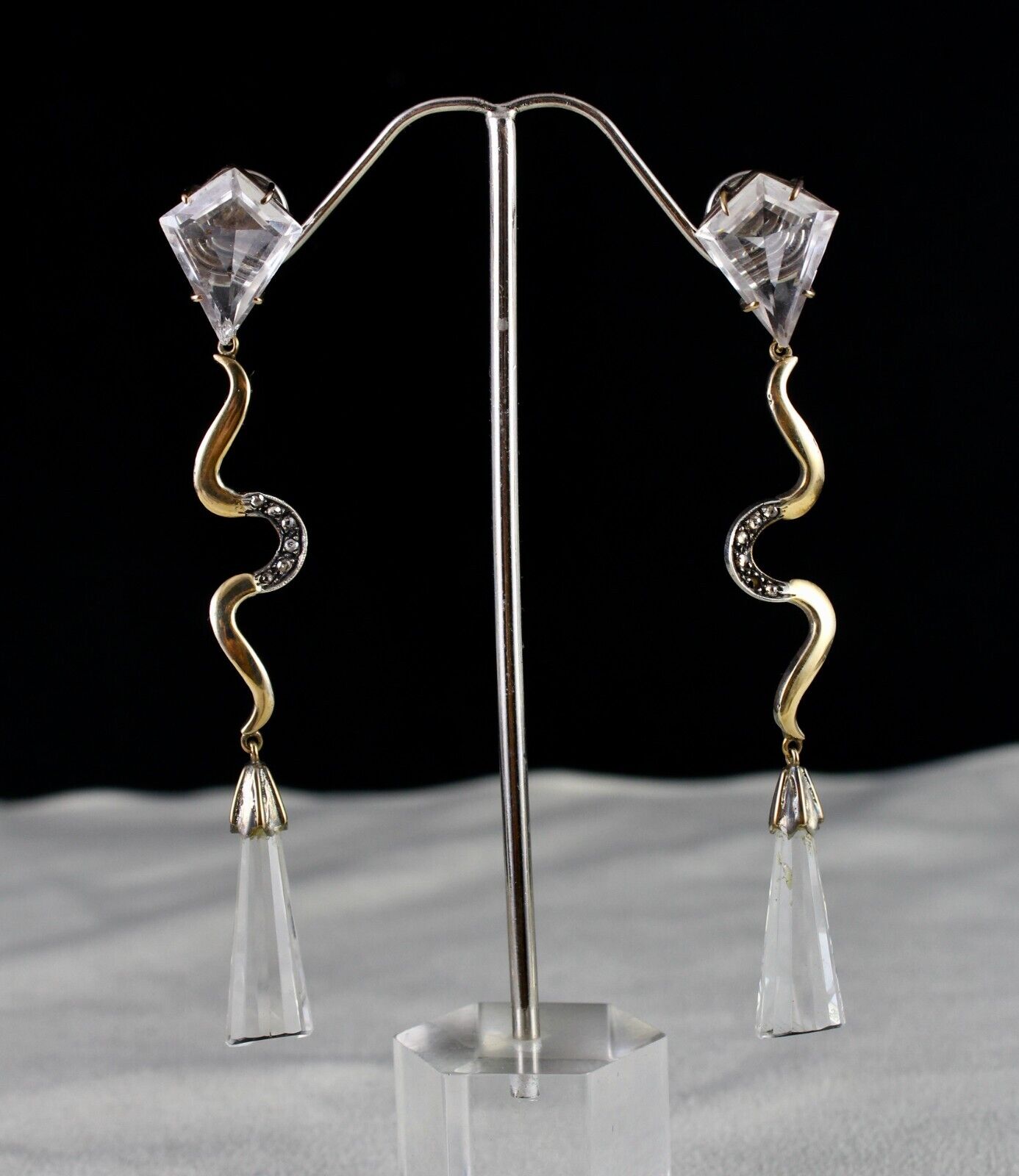 ESTATE NATURAL ROCK CRYSTAL QUARTZ DIAMOND 18K GOLD 925 SILVER VICTORIAN EARRING