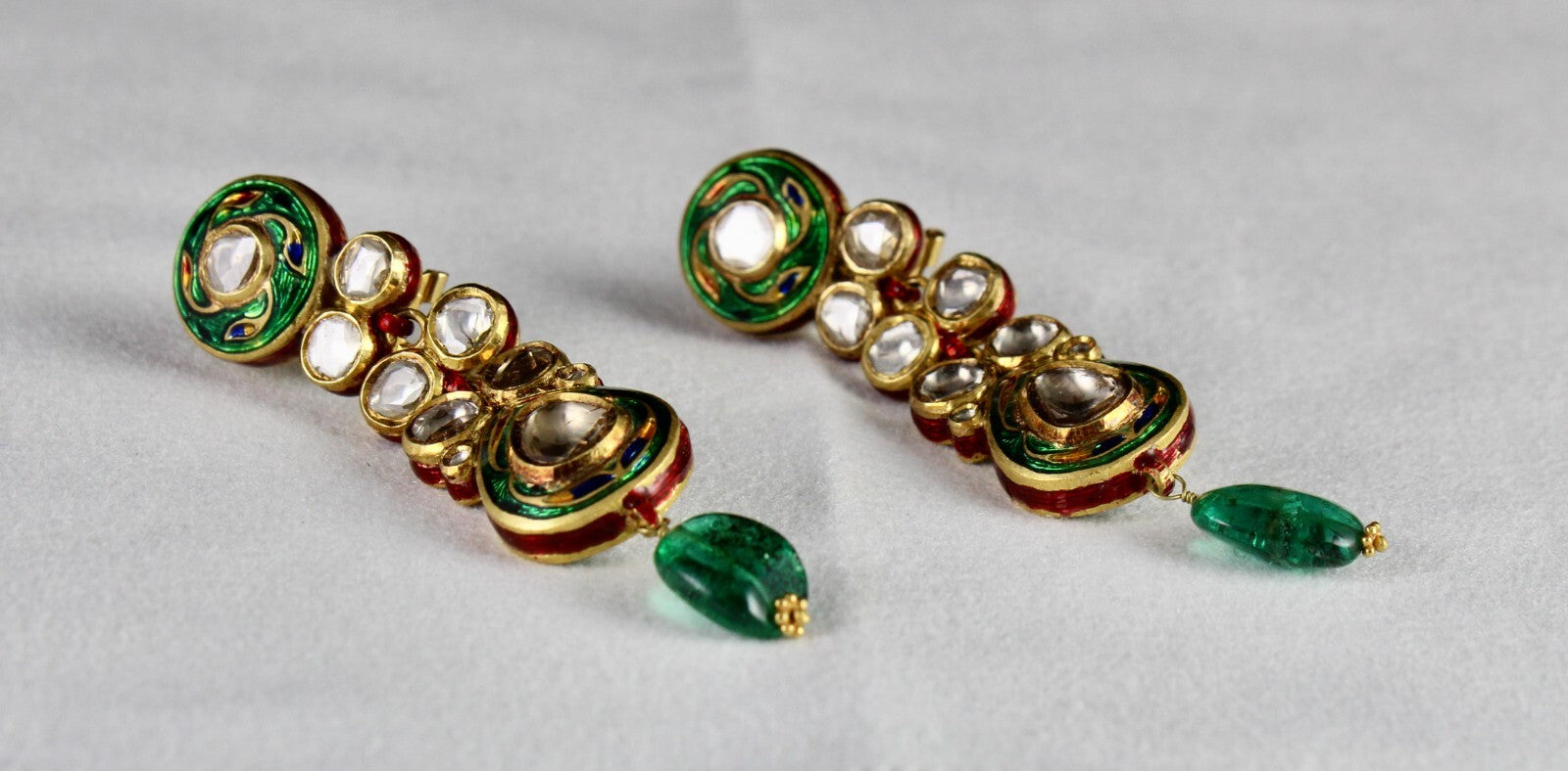 Certified Old Natural Diamond Cut Emerald 22k Gold Jadau Dangle Earrings 152.5ct