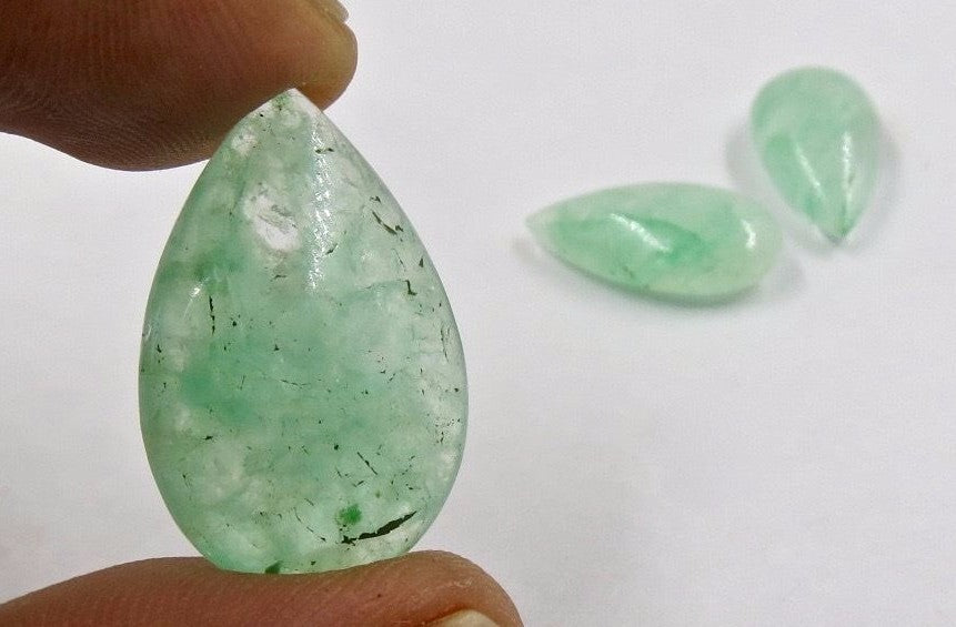 Emerald Quartz Cabochon Pear 3pcs 50ct Gemstone For Design