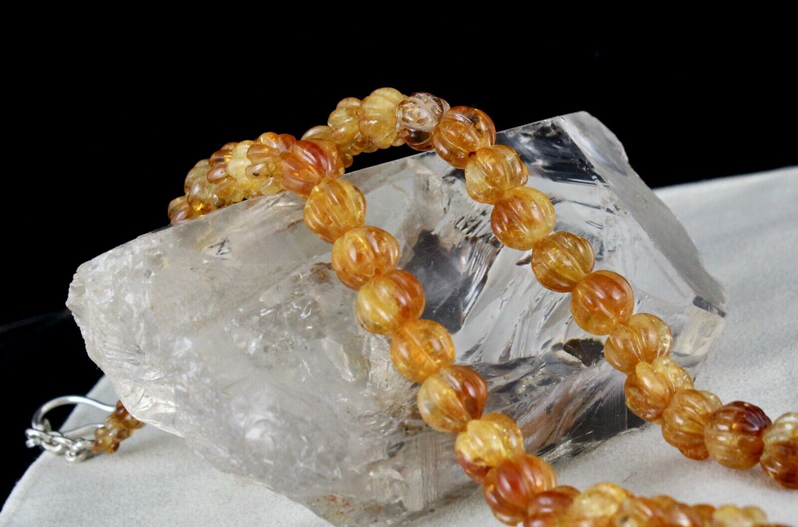 Natural Citrine Carved Beaded Necklace 390 Carats Round Gemstone Silver Clasp