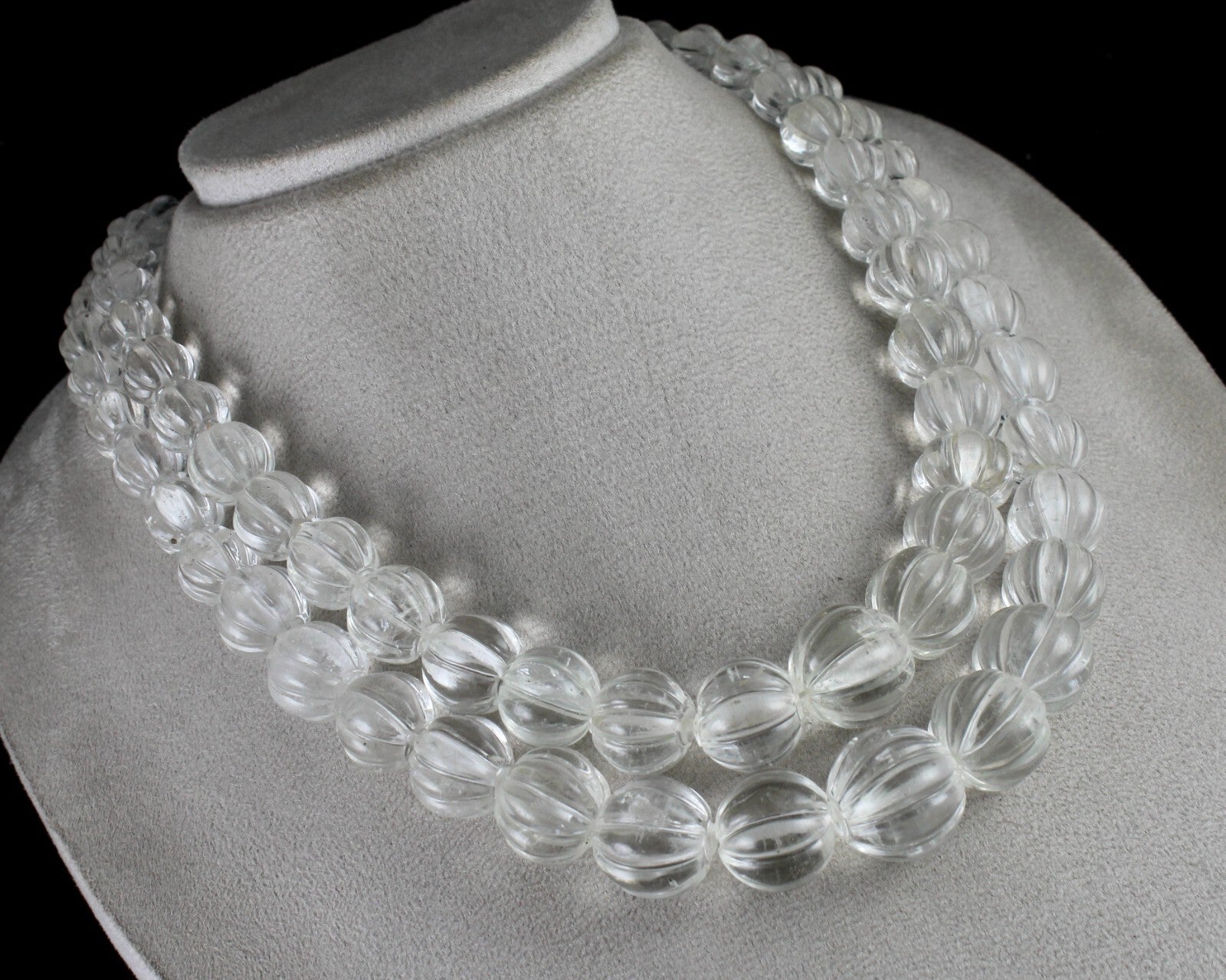 Natural Rock Crystal Quartz 1407 Ct Carved Melon Beads Gemstone Necklace
