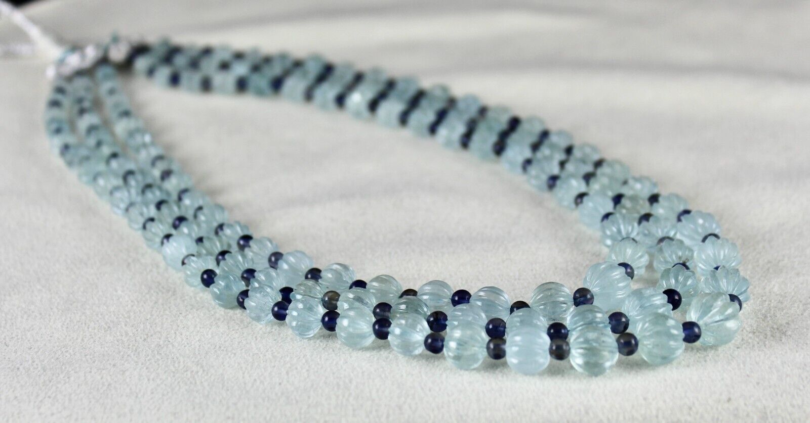 NATURAL AQUAMARINE CARVED MELON IOLITE ROUND BEADS 3L 347 CTS STONE NECKLACE