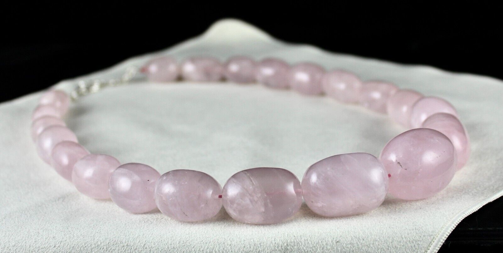 34MM NATURAL ROSE QUARTZ BEADS LONG CABOCHON 1642 CTS GEMSTONE SILVER NECKLACE