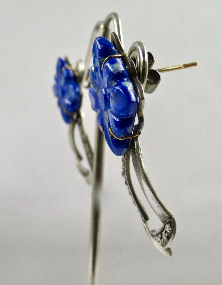Natural Lapis Lazuli 54ct Carved Flower Natural Diamond 18k Gold Silver Earrings