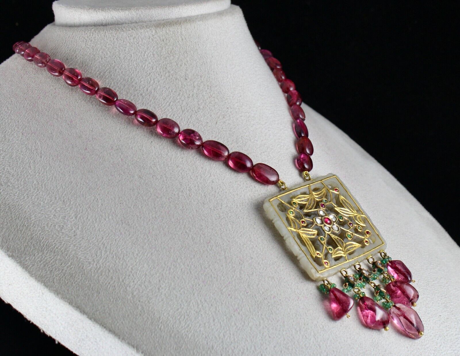 OLD PERSIAN JADE FLAT DIAMOND PINK TOURMALINE BEADS 18K GOLD ANTIQUE PENDANT