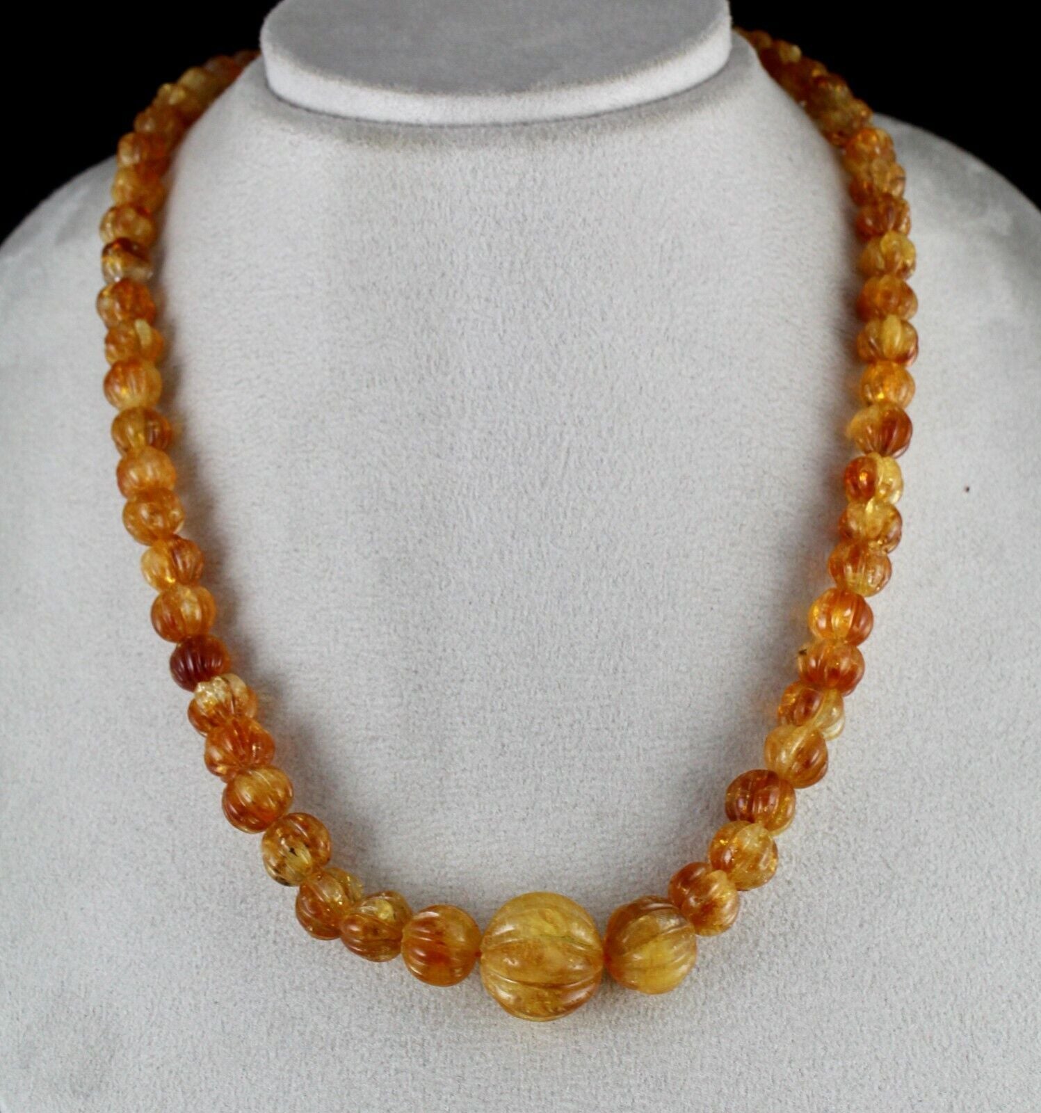 Natural Citrine Carved Beaded Necklace 390 Carats Round Gemstone Silver Clasp