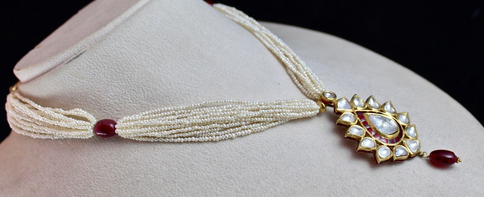 UNIQUE FLAT BIG DIAMOND SPINEL PEARL BEADS 22K YELLOW GOLD JADAU LADIES NECKLACE