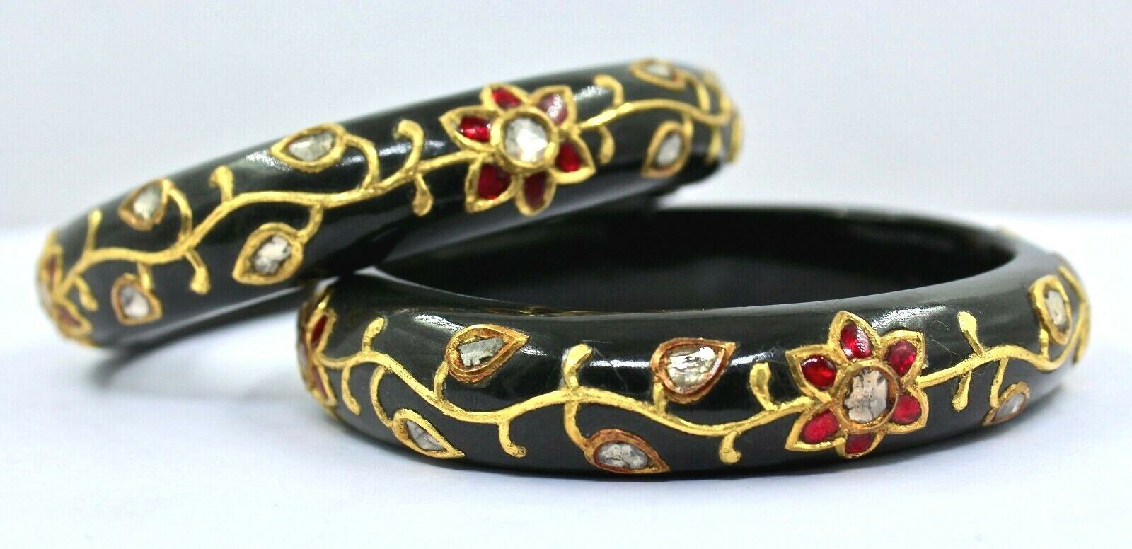 22k YellowGold Black Jade Ladies Bangle Pair Studded Ruby Diamond Jadau Gemstone