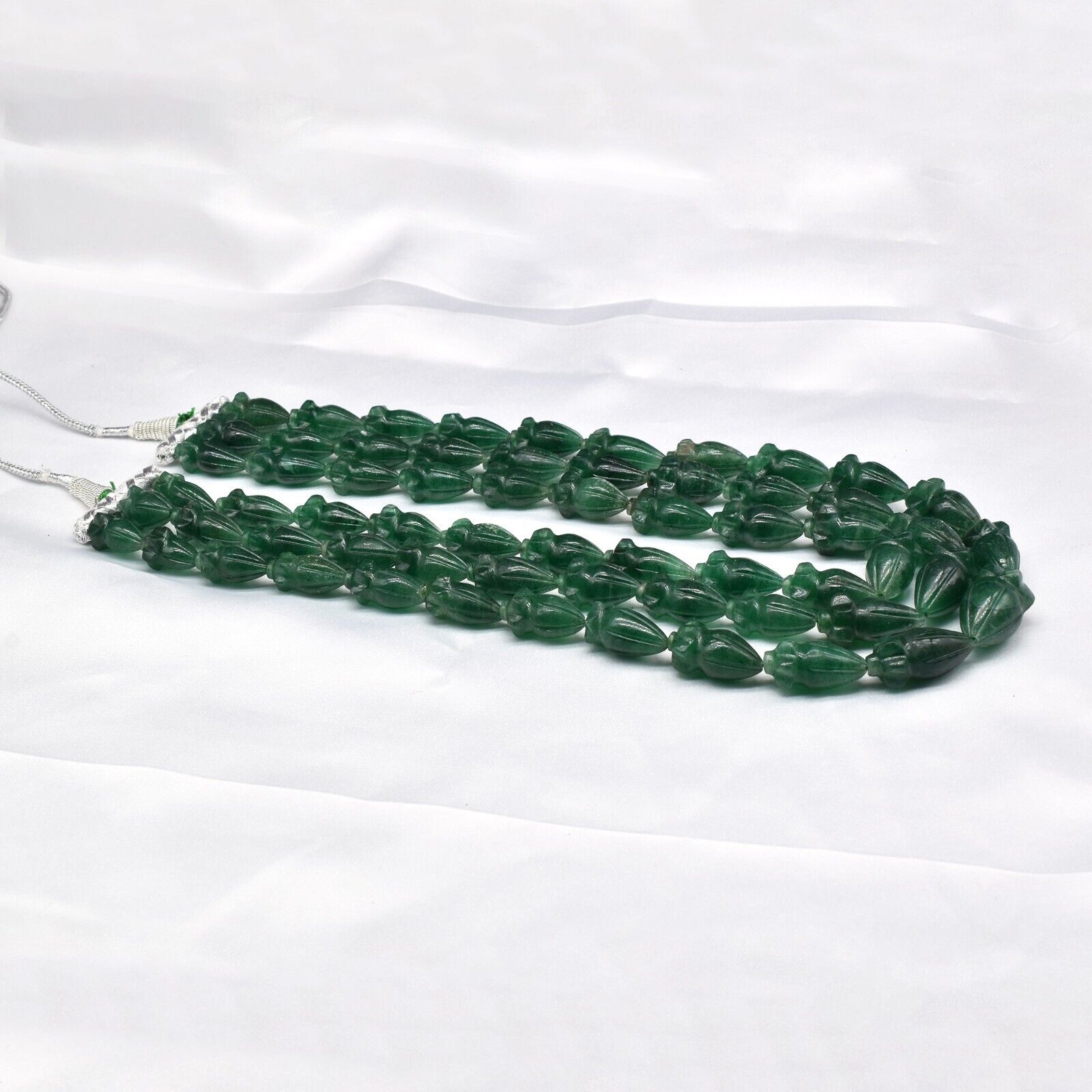 Natural Green Quartz Engraved Beaded Necklace 3 Line 1247 Ct Old Carved Gemstone