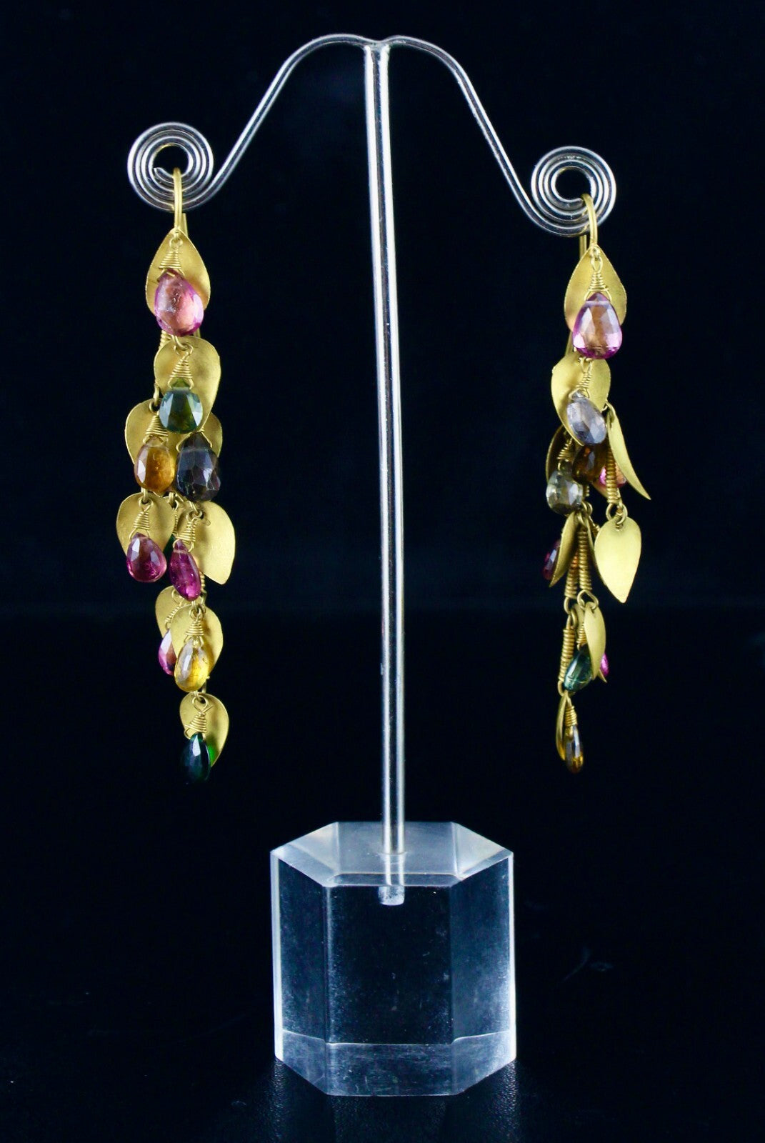 Certified Multi Colour Tourmaline 59ct Teardrops 18k Gold Leaf Earrings