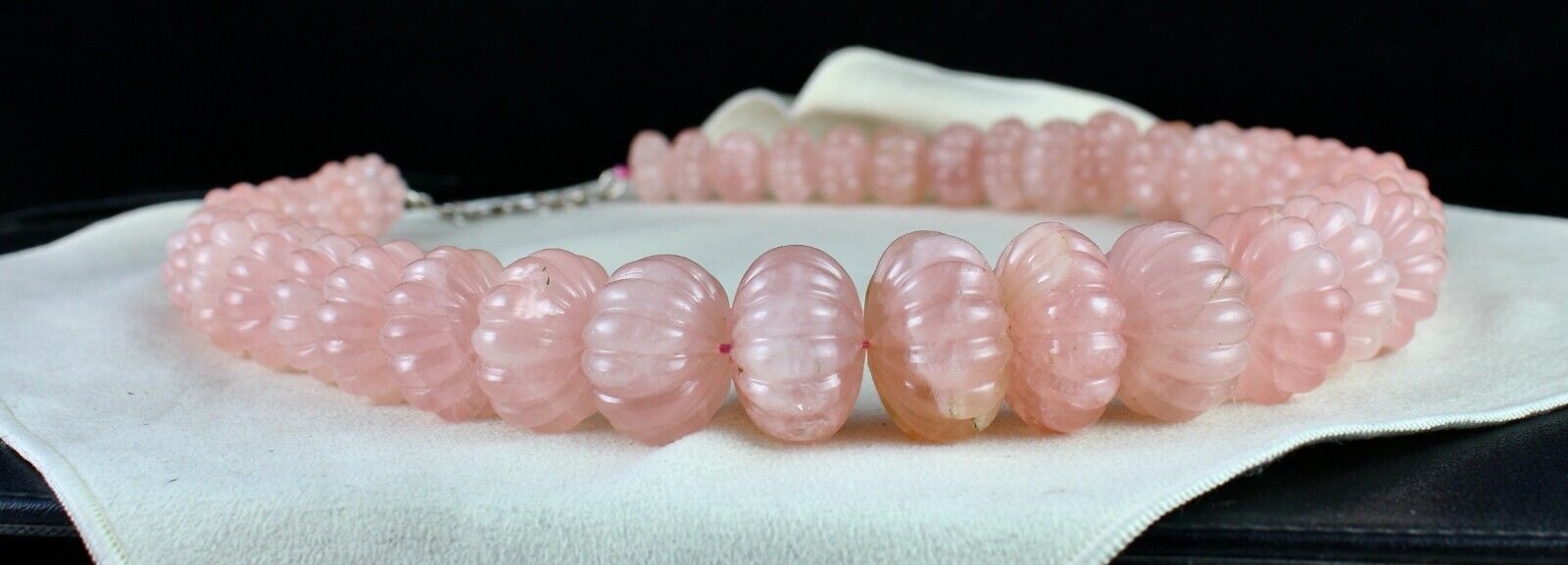 Vintage Natural Rose Quartz Melon Carved Beads 2406 Ct Gemstone Silver Necklace