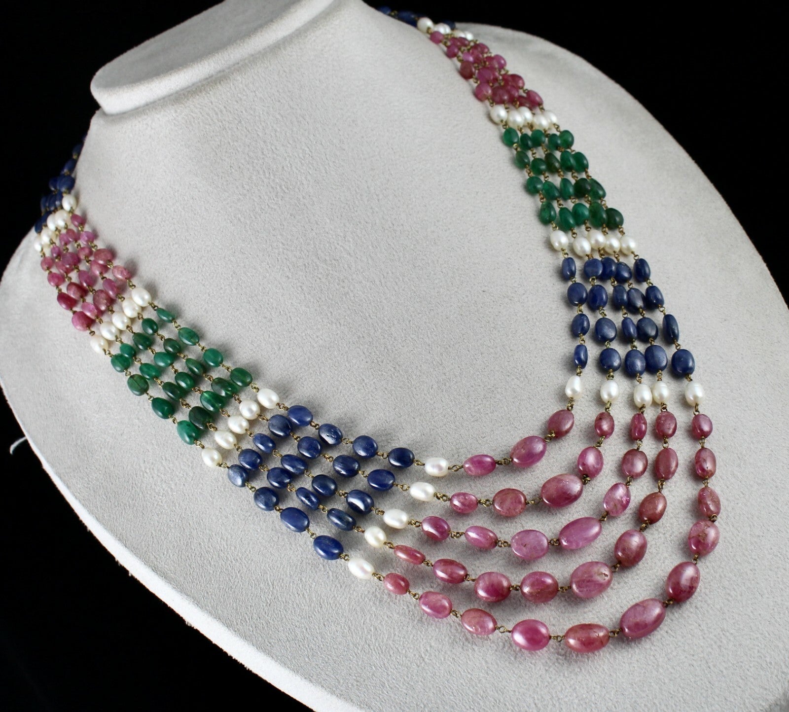 Certified 505 Ct Natural Ruby Blue Sapphire Emerald Pearl 18k Gold Necklace