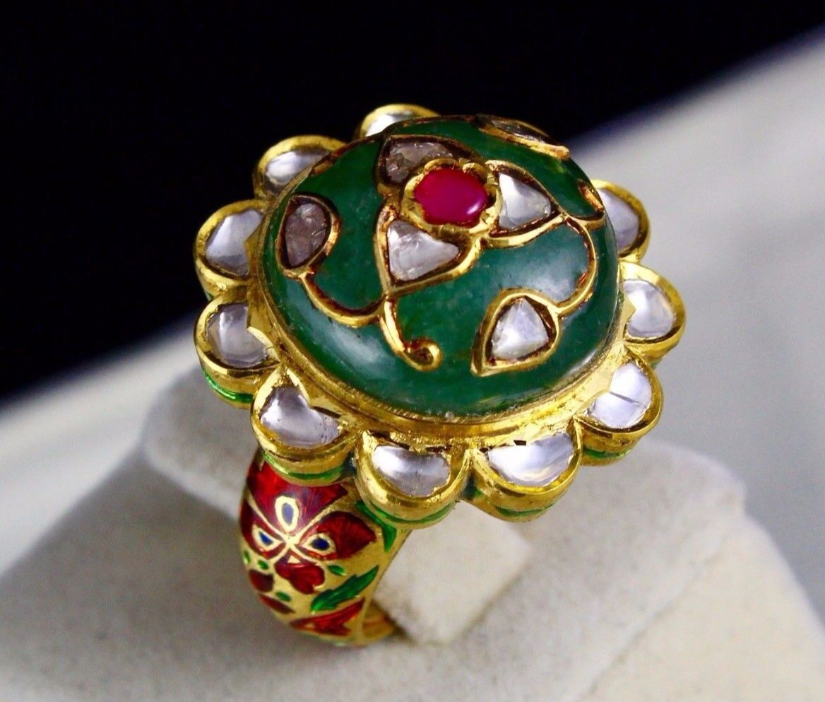 Certified Natural Emerald Ruby Cabochon Natural Diamond 22k Gold Jadau Ring
