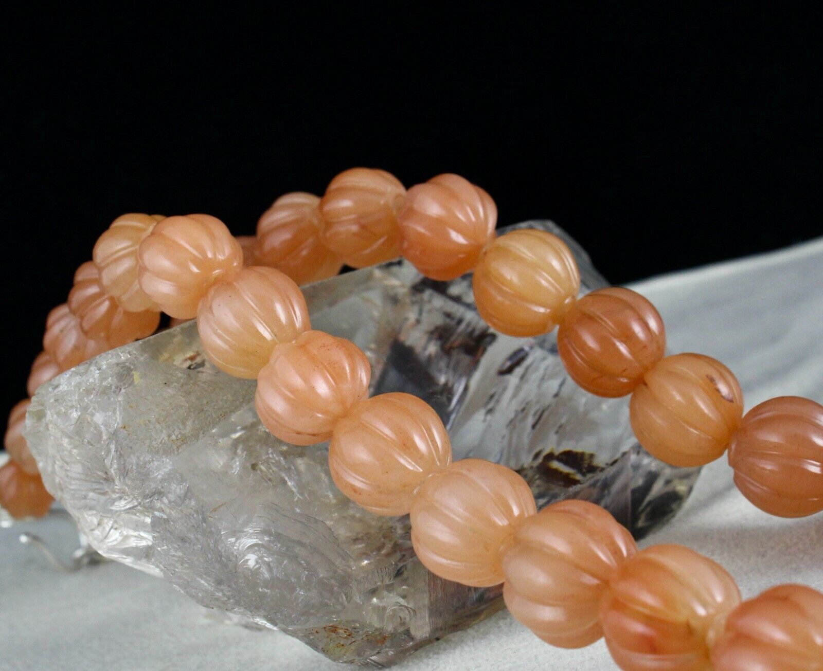 Natural Orange Quartz Carved Melon Beaded Necklace 1072 Carat Stone Silver Clasp