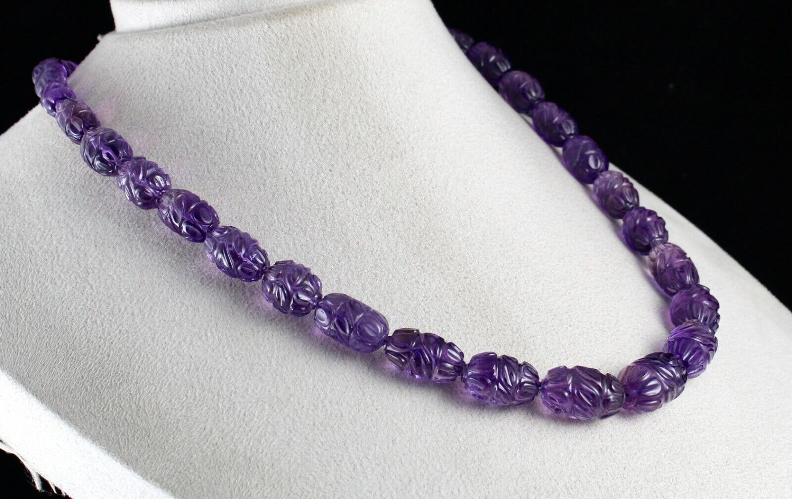 Top Natural Amethyst Beads Carved Long 488 Ct Gemstone Silver Vintage Necklace