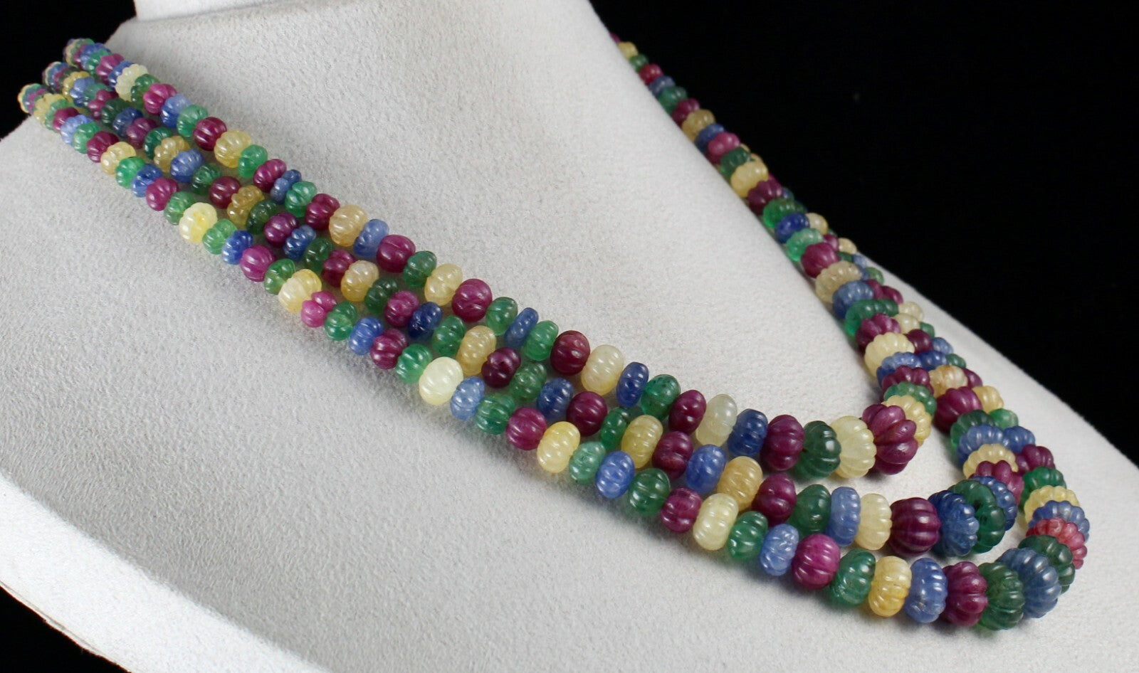 Certified Vintage Carved Emerald Ruby Sapphire Melon 973 Ct Necklace