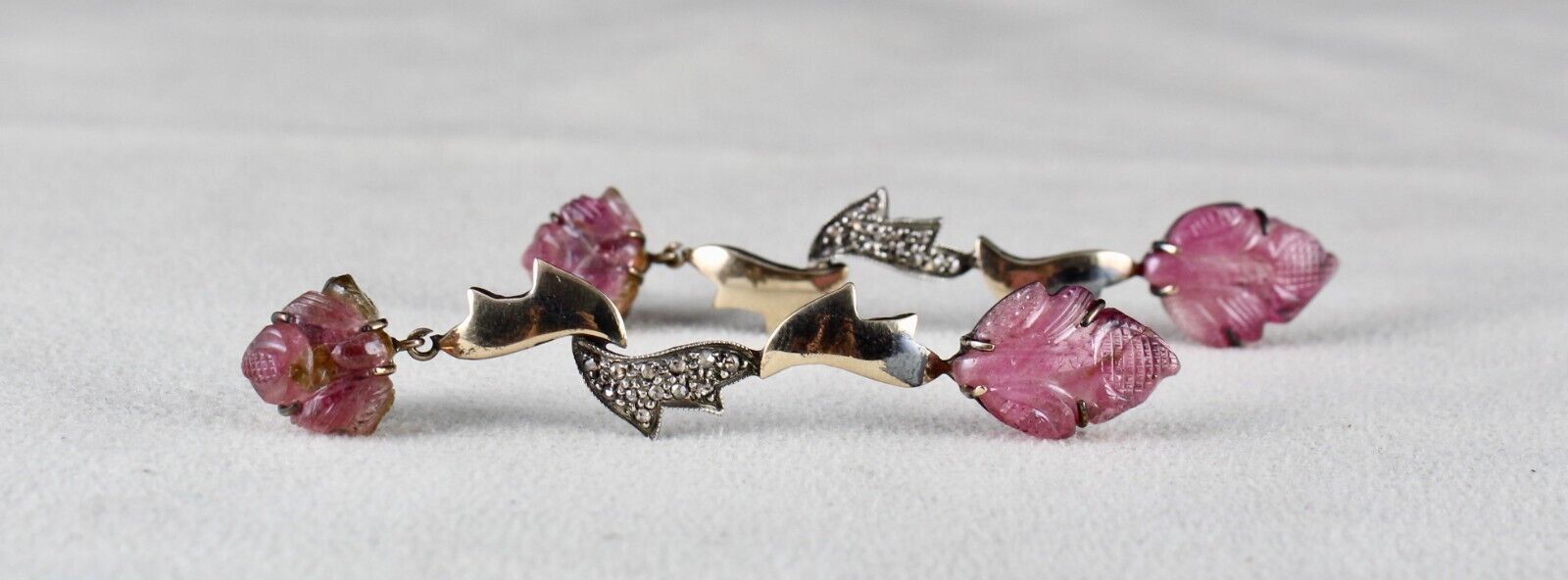 NAURAL PINK TOURMALINE CARVED DIAMOND 18K GOLD  925 SILVER VICTORIAN EARRING