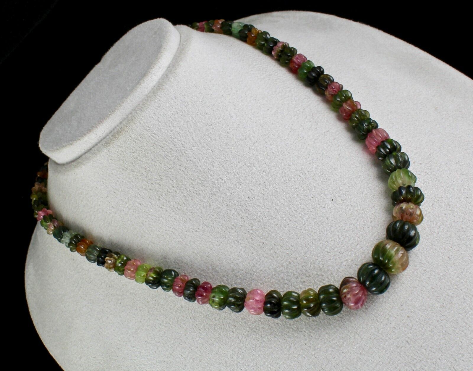 NATURAL MULTI TOURMALINE BEADS MELON CARVED 353 CARATS GEMSTONE SILVER NECKLACE