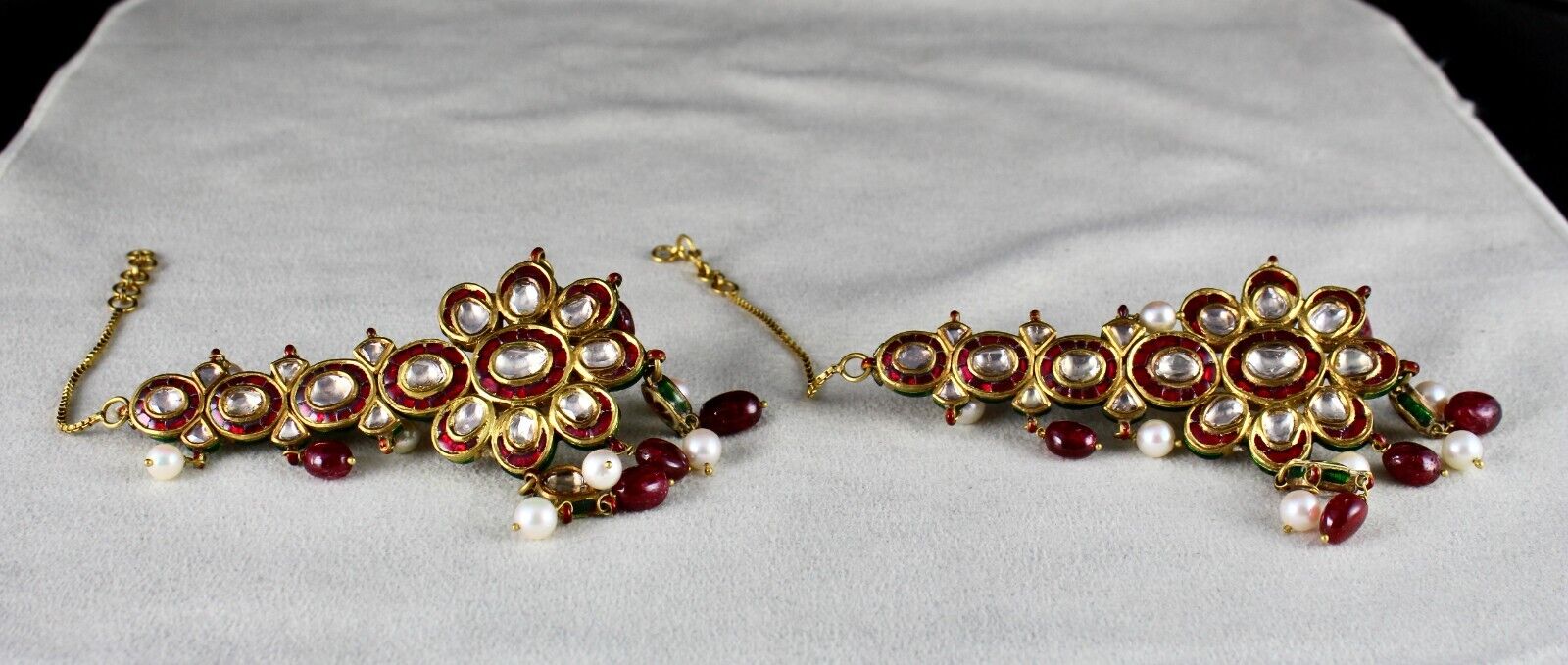 Antique Diamond Spinel Pearl 22K Gold Jadau Kundan Meena Ladies Dangle Earring