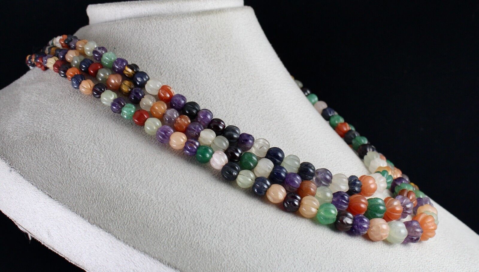 OLD MULTI NATURAL SEMI PRECIOUS CARVED MELON BEADS 3 L 688 CT GEMSTONE NECKLACE