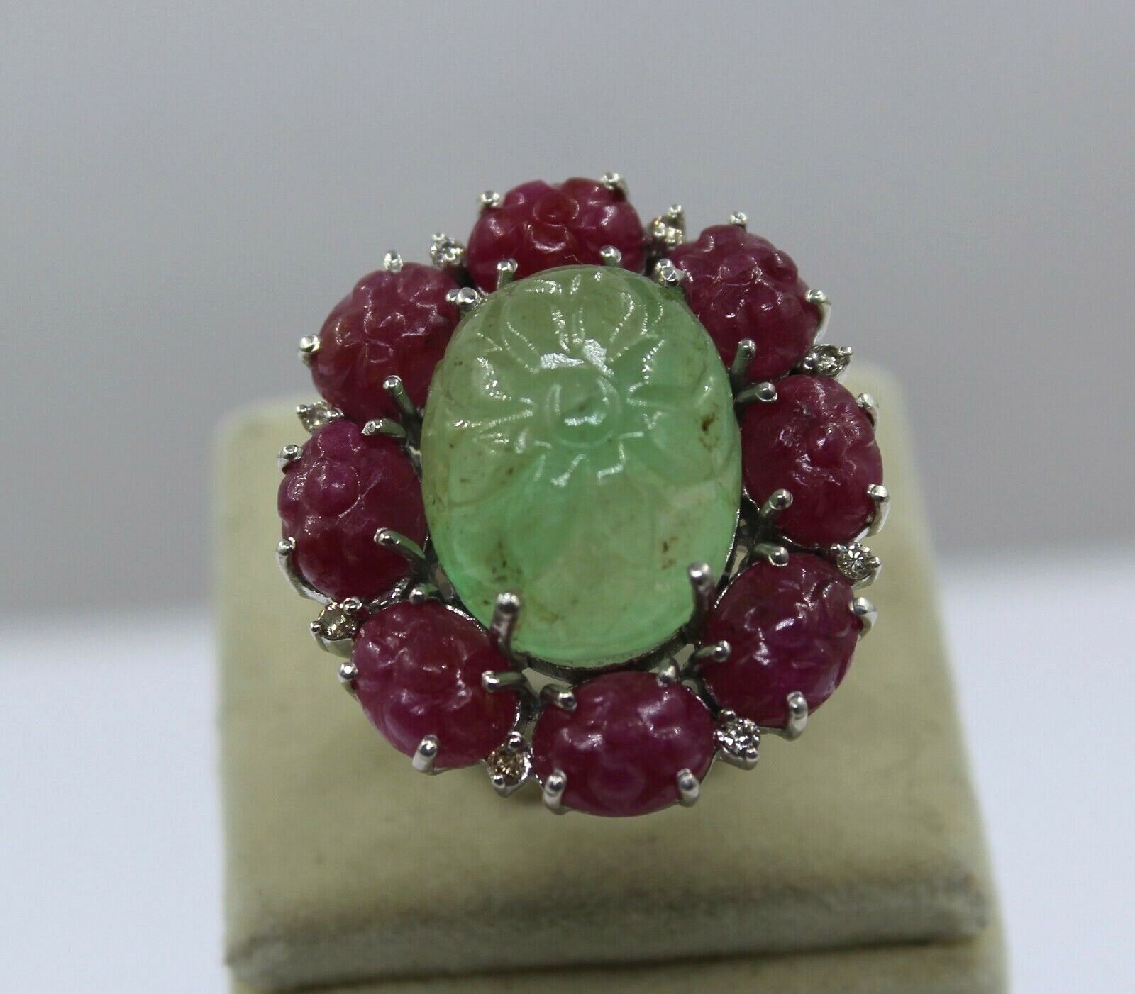 ANTIQUE NATURAL COLOMBIAN EMERALD RUBY CARVED GEMSTONE DIAMOND 925 SILVER RING