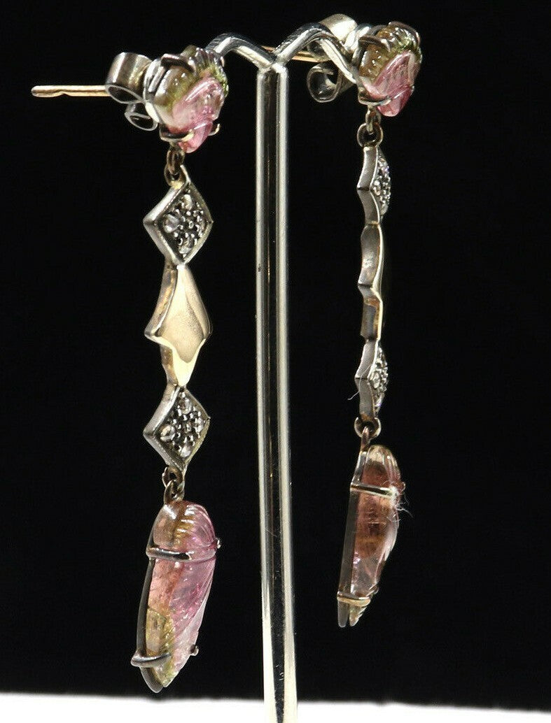 Estate Multi Tourmaline 10 Ct Natural Diamond Victorian Earring 18k Gold Silver