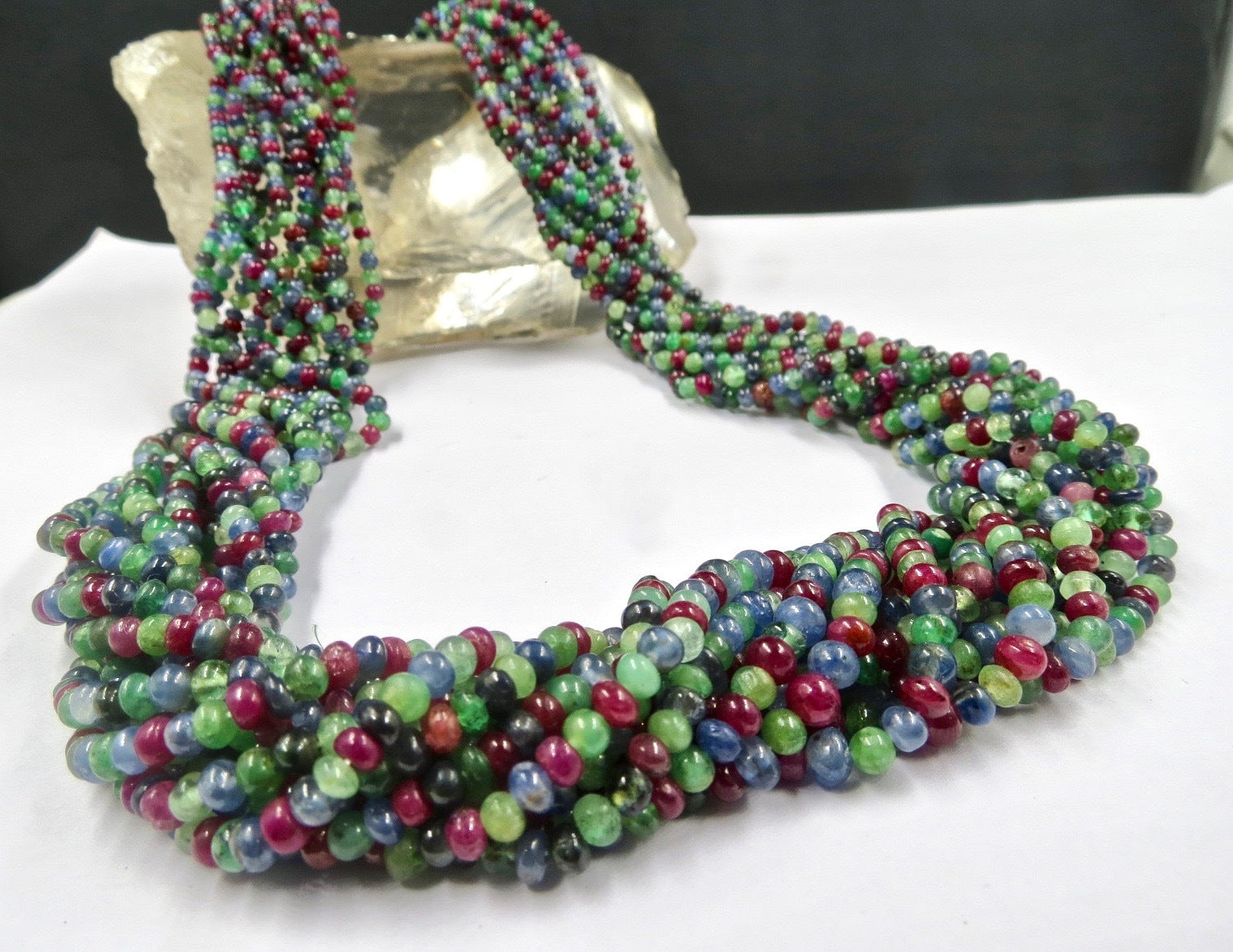 Certified Natural Emerald Ruby Sapphire Beads Necklace Multi Round 604ct 12l