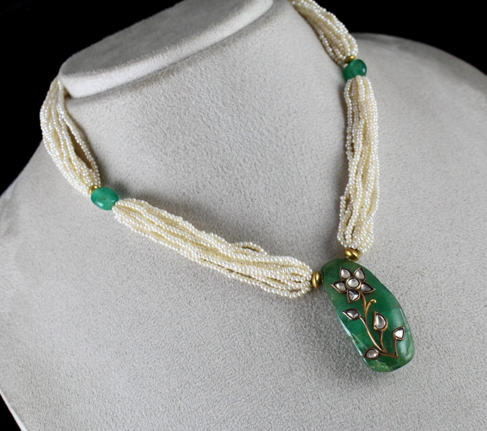 Certified Natural Emerald Cabochon 55ct Jadau Diamond 22k Gold Pearl Necklace