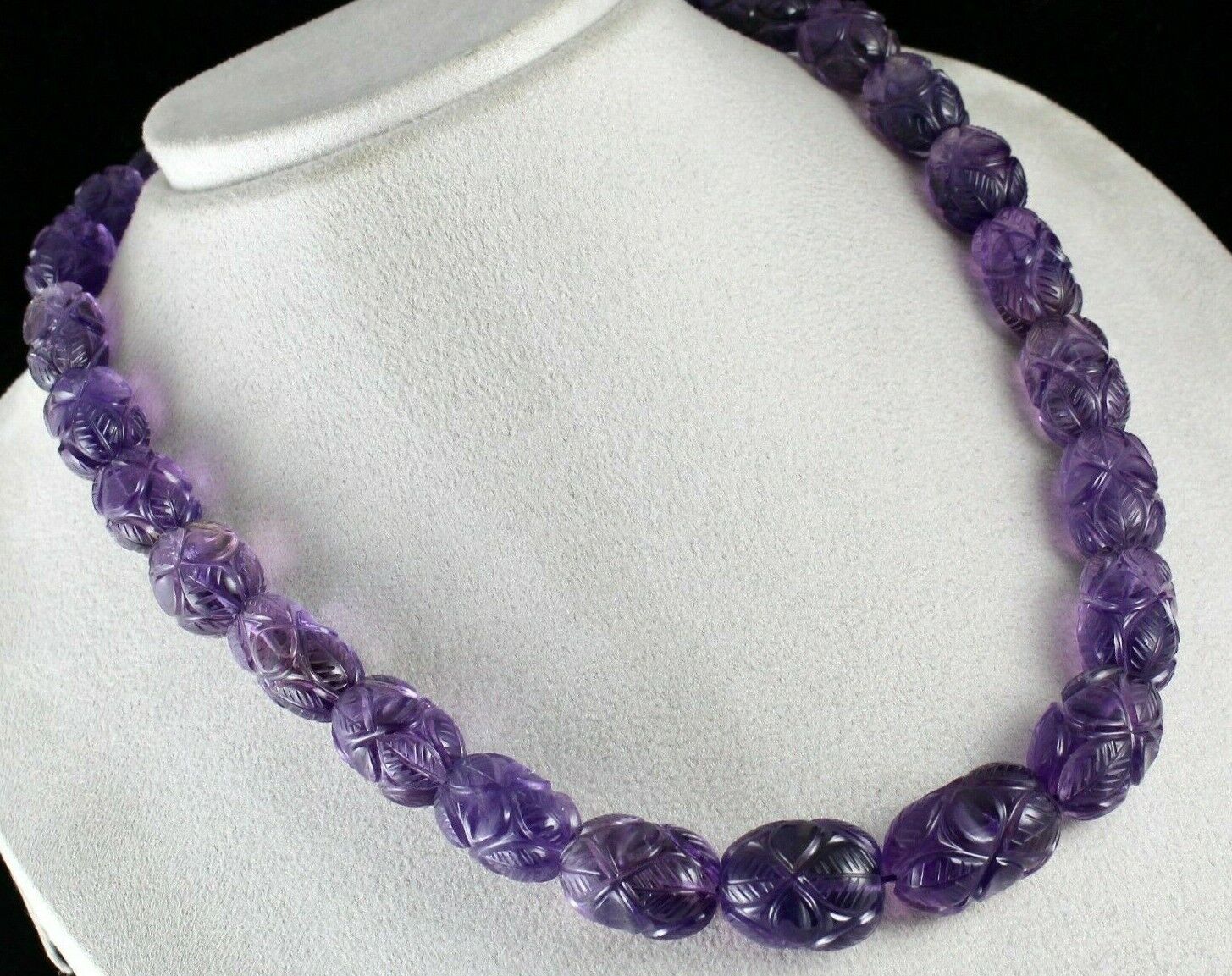 Vintage Natural Amethyst Beaded Engraved Long 926 Ct Gemstone Silver Necklace