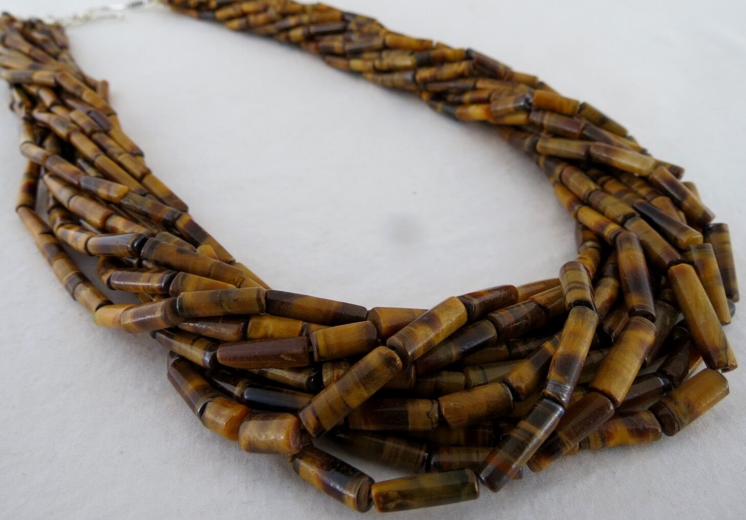 22" NATURAL TIGER'S EYE TUBE SHAPED BEADS 12 LINE 918 CARATS GEMSTONE NECKLACE