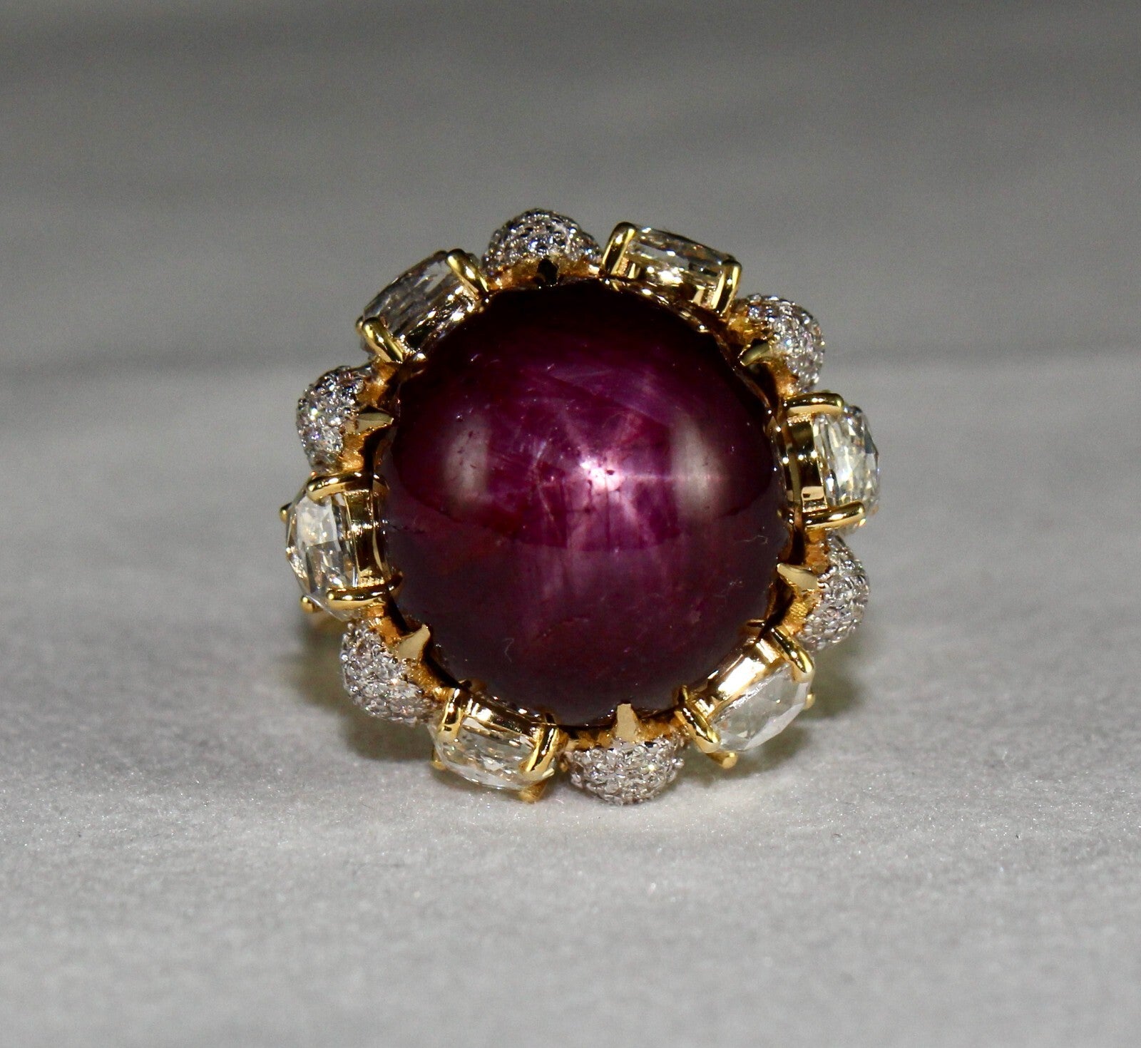 Certified Ruby Star 36.57 Ct Natural Diamond 18k Gold Cocktail Ring 94.25 Ct