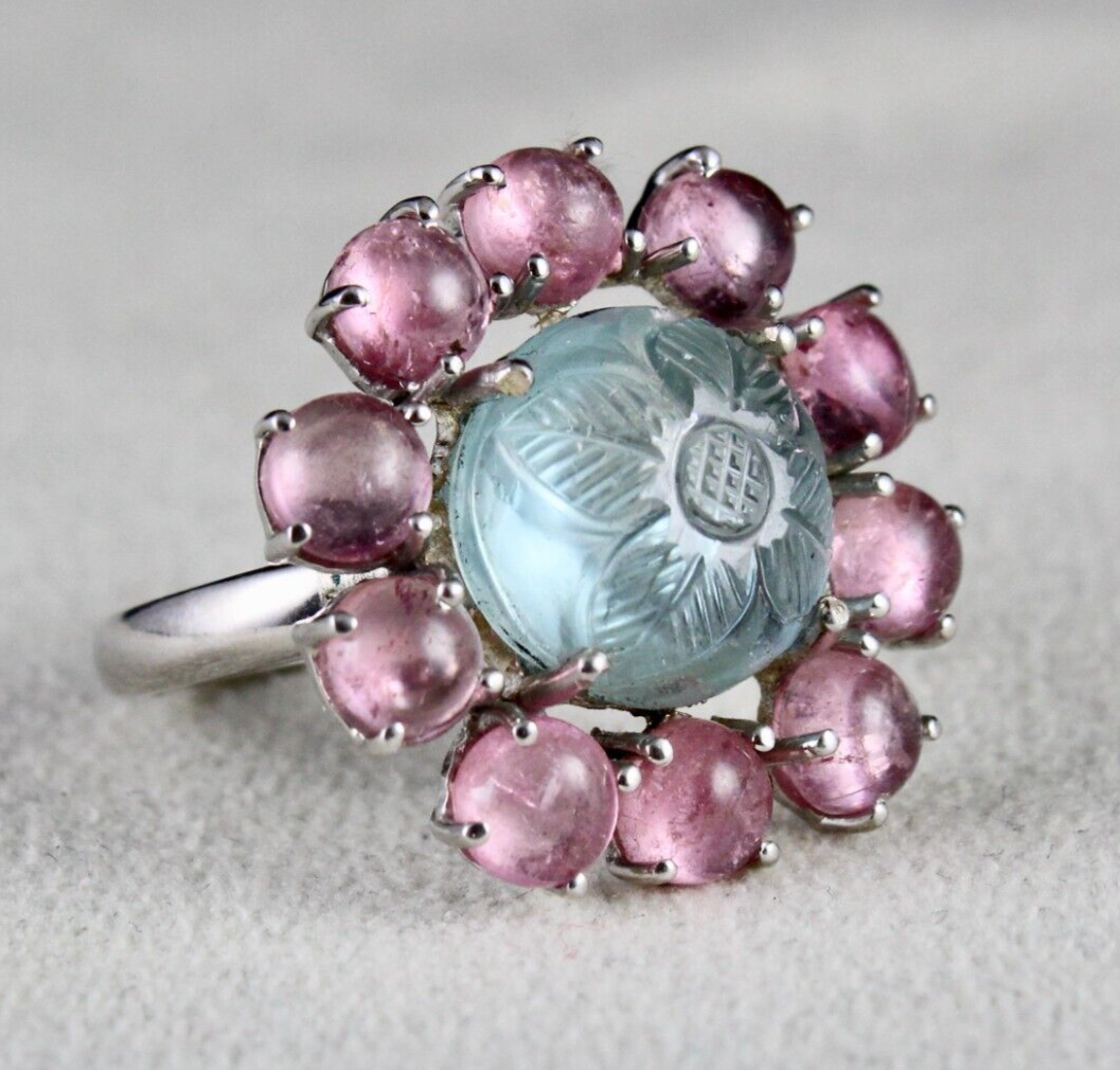 Antique Natural Aquamarine Carved Pink Tourmaline Gemstone Silver Victorian Ring