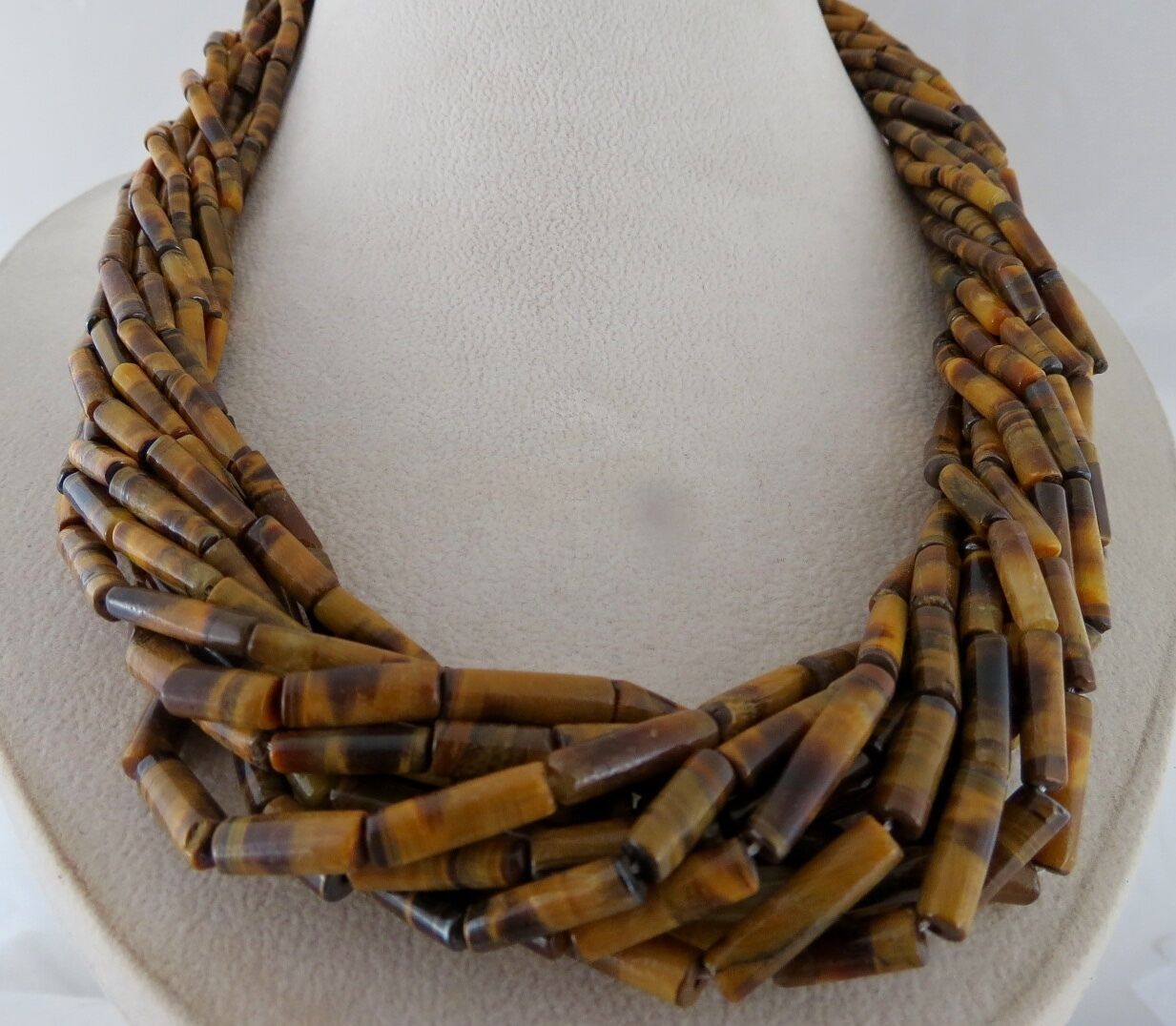 22" NATURAL TIGER'S EYE TUBE SHAPED BEADS 12 LINE 918 CARATS GEMSTONE NECKLACE