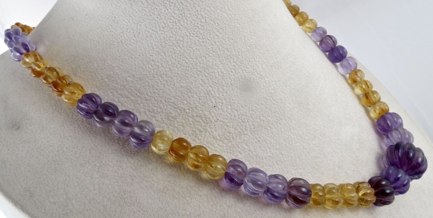 NATURAL MULTI AMETHYST CITRINE CARVED MELON BEADS 325 CTS GEMSTONE NECKLACE