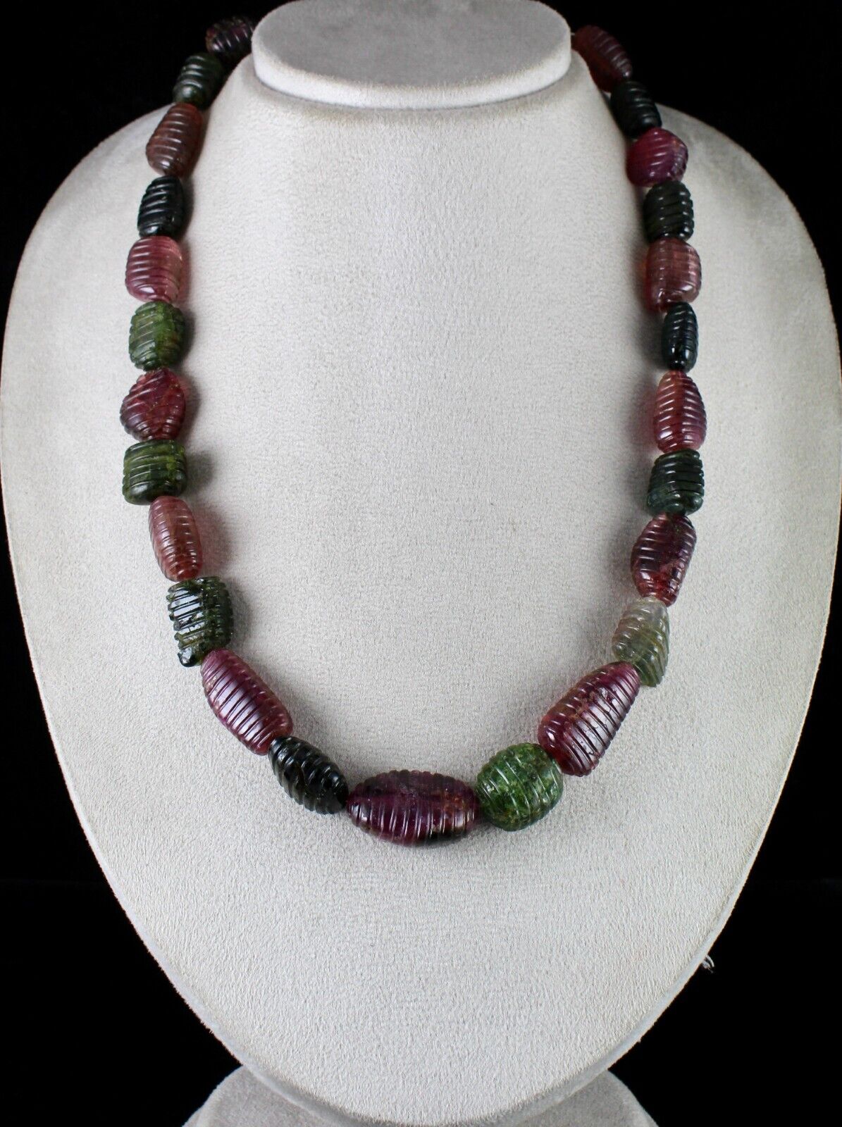 NATURAL MULTI COLOUR TOURMALINE BEADS CARVED CABOCHON 849 CARATS LADIES NECKLACE