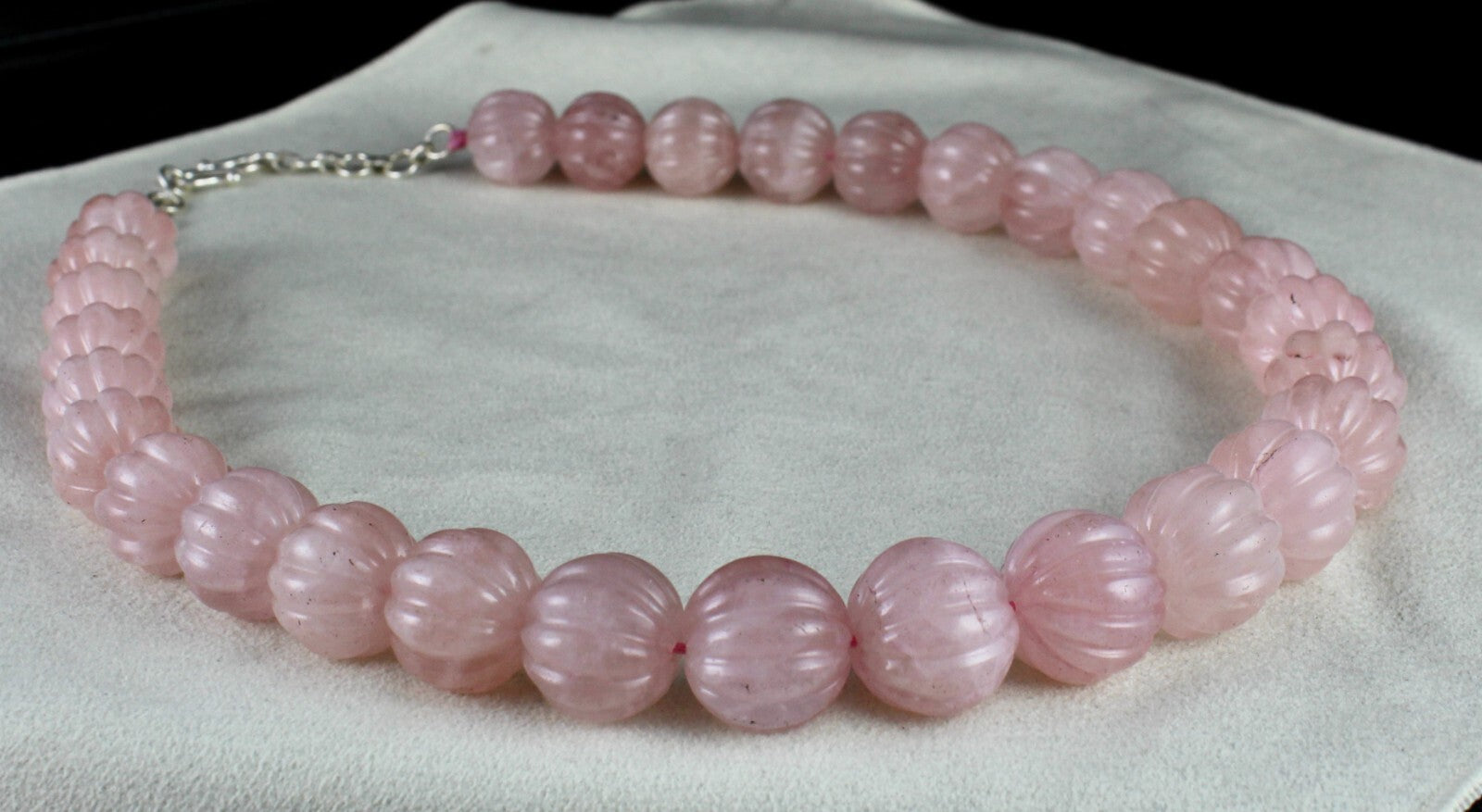 Natural Rose Quartz Melon Carved Beads Necklace 1185ct Gemstone Sterling Silver